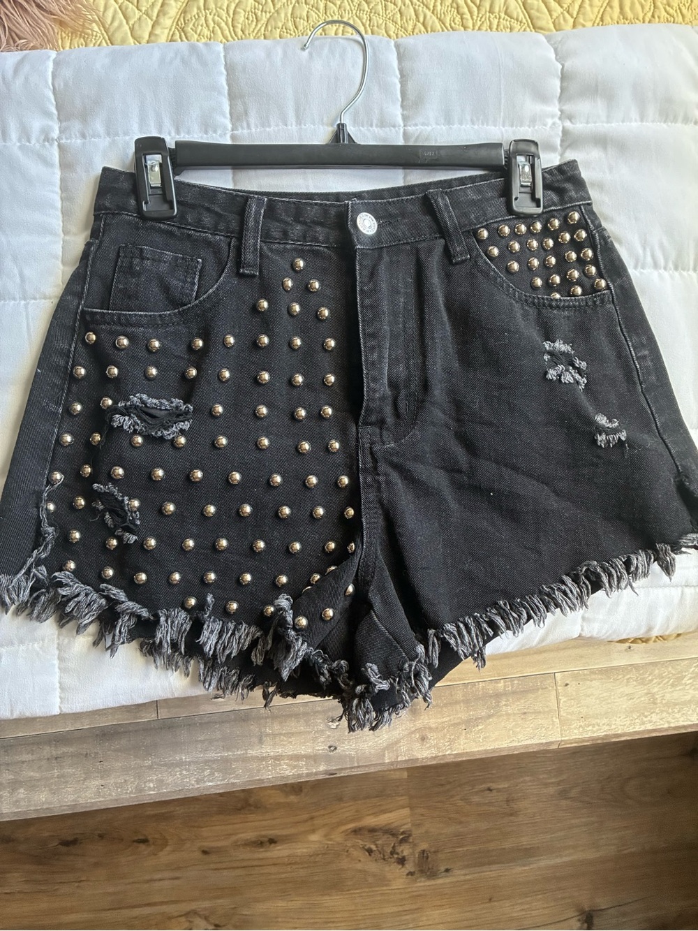 SHEIN Black Studded Distressed Frayed Denim Shorts